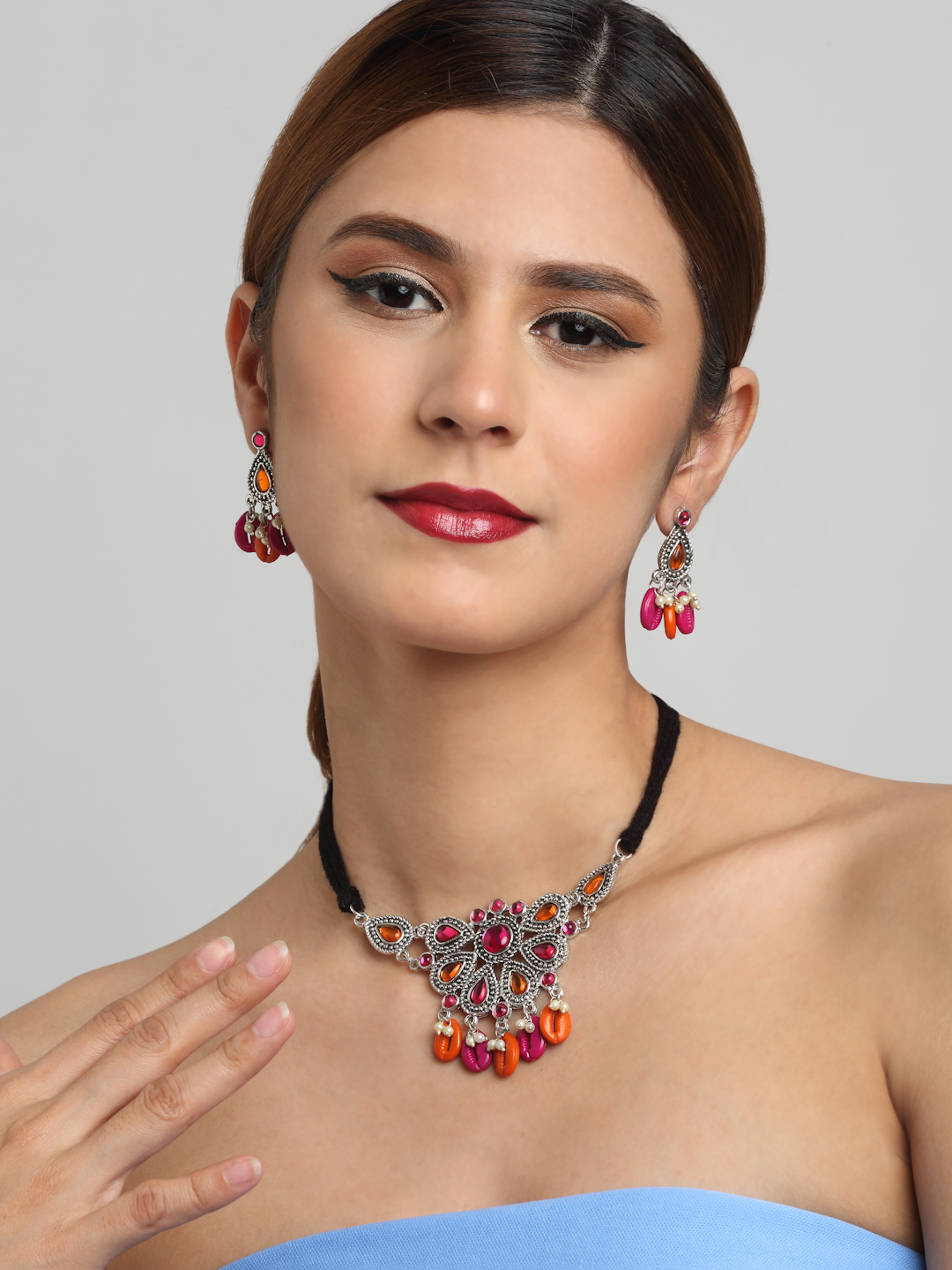 YouBella Jewellery Oxidised Silver Necklace Jewellery Set with Earrings for Girls and Women (Multi) (YBNK_50520)